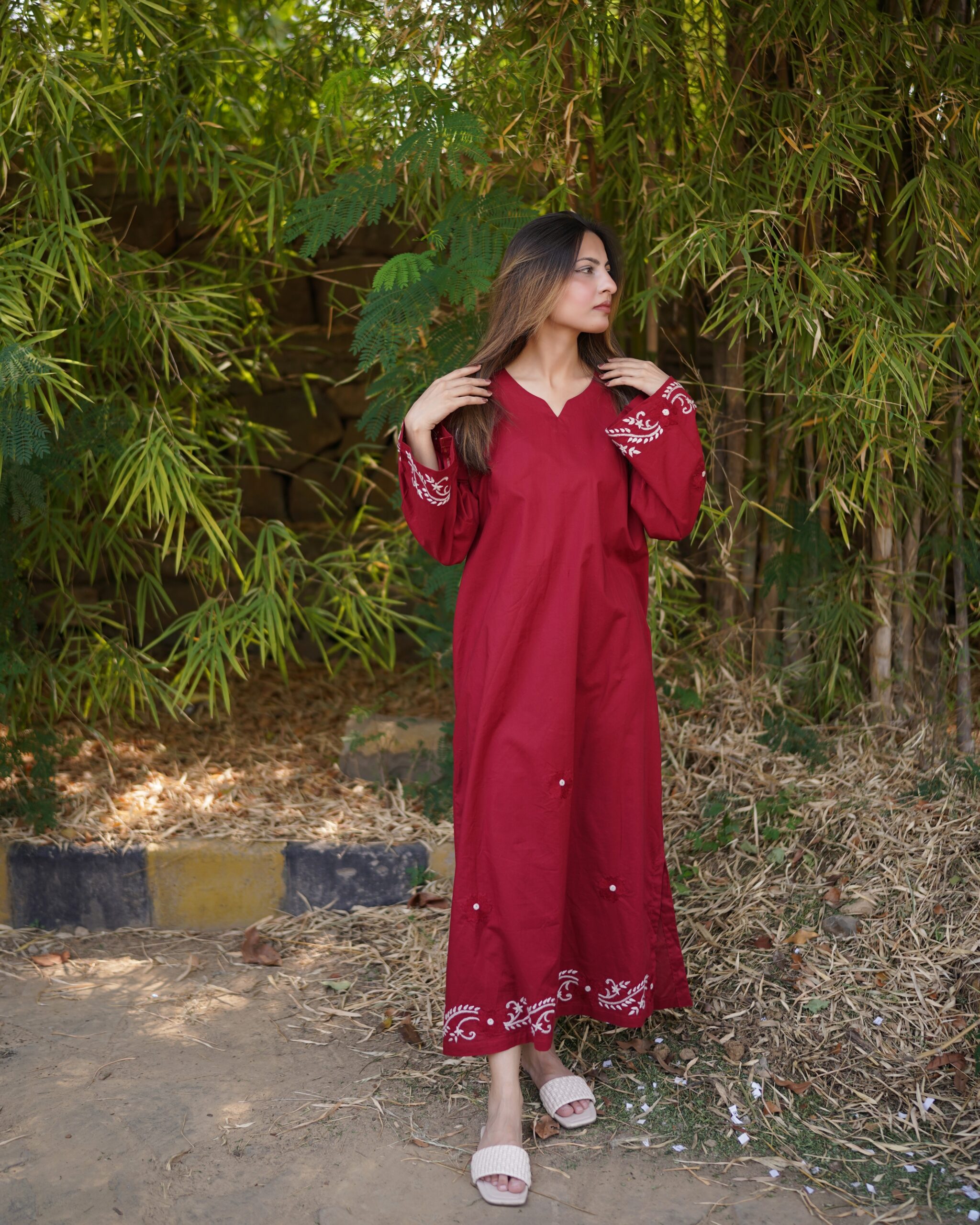 Maroon Hand Embroidered Long Kurti for Women - Image 3